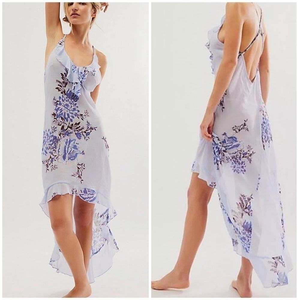 Free People Intimately Getting Out Slip Dress High Low in Blue Floral Size XS